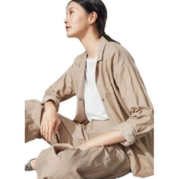 Eileen Fisher Bramble Boxy Crinkle Organic Cotton Steel Blazer Jacket Large Tan - Picture 6 of 15